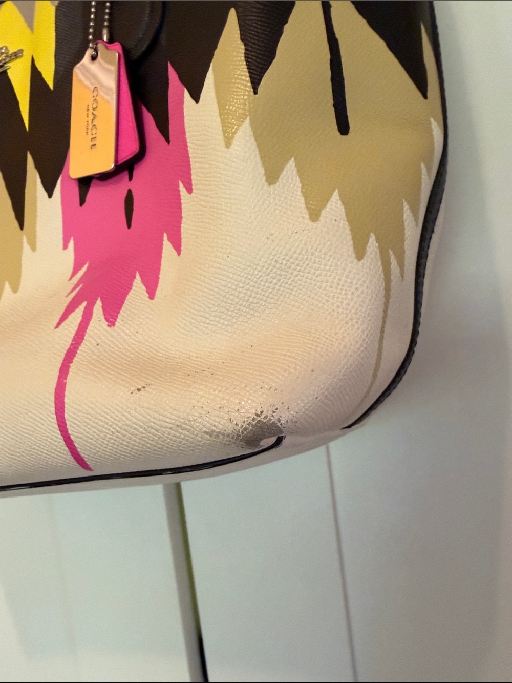 Coach Tote with Pink, Yellow, Black and Tan Paint-Stripe Design - Picture 7 of 13